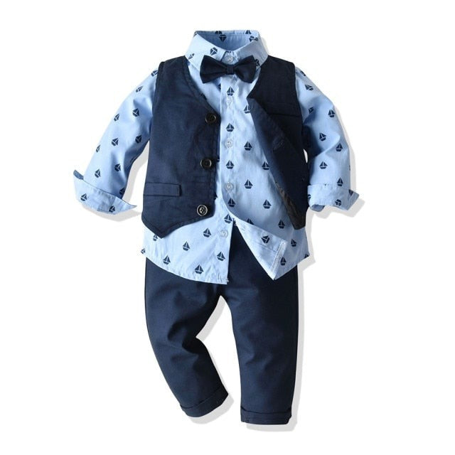 Boys Gentleman Clothing Set Cotton Long Sleeve Bowtie Shirt+Waistcoat+Pants 3Pcs Suit Kids Boy Casual Clothes Set