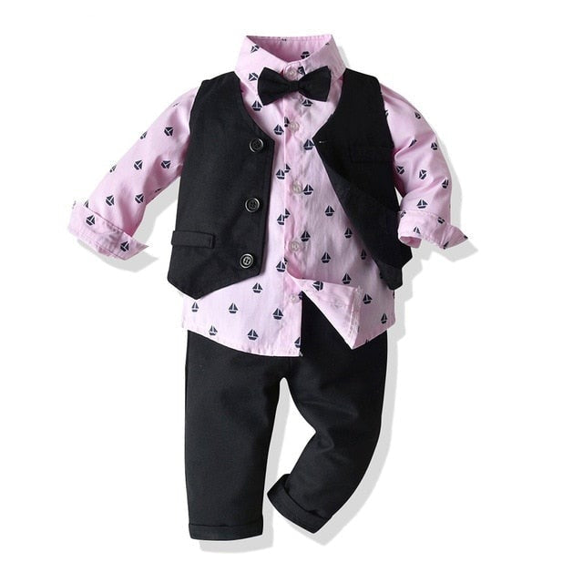 Boys Gentleman Clothing Set Cotton Long Sleeve Bowtie Shirt+Waistcoat+Pants 3Pcs Suit Kids Boy Casual Clothes Set