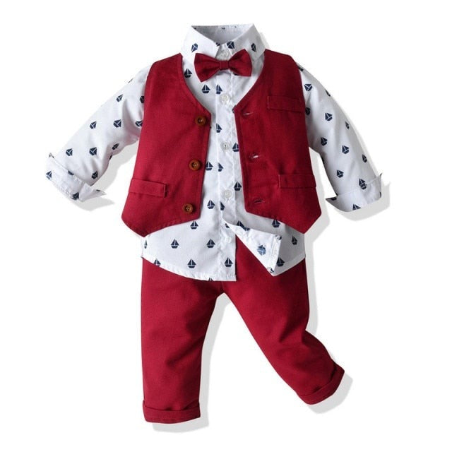 Boys Gentleman Clothing Set Cotton Long Sleeve Bowtie Shirt+Waistcoat+Pants 3Pcs Suit Kids Boy Casual Clothes Set