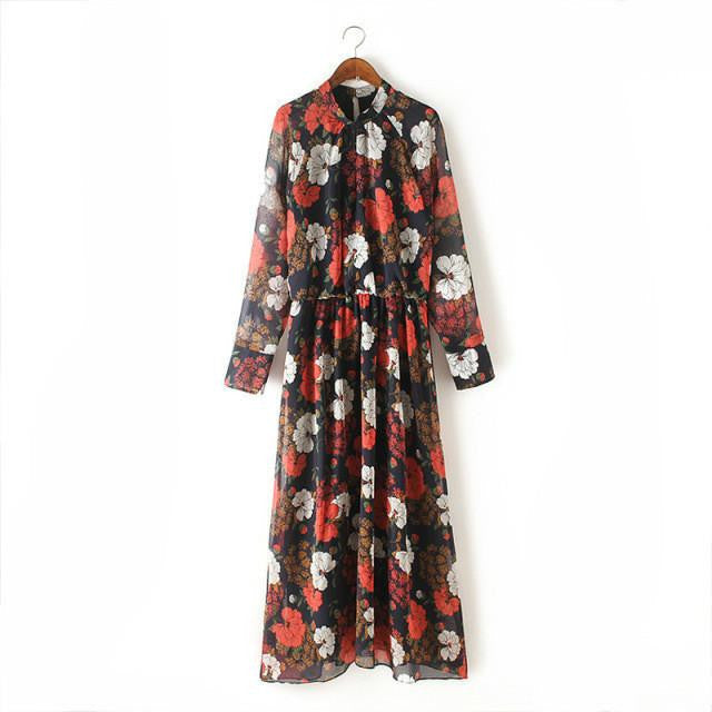 women red Floral print Chiffon dress long sleeved maxi dress