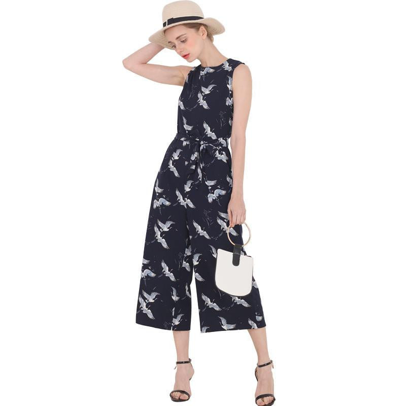 Online discount shop Australia - Bella Philosophy  new women's bird print O-neck sleeveless belt sashes ankle-length jumpsuits blue