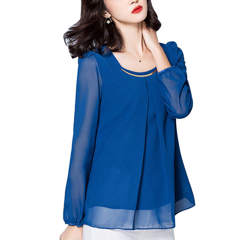 Fashion Women Blouses Elegant Long Sleeve O-neck Solid Color Chiffon Blouses Casual Shirts Women Tops