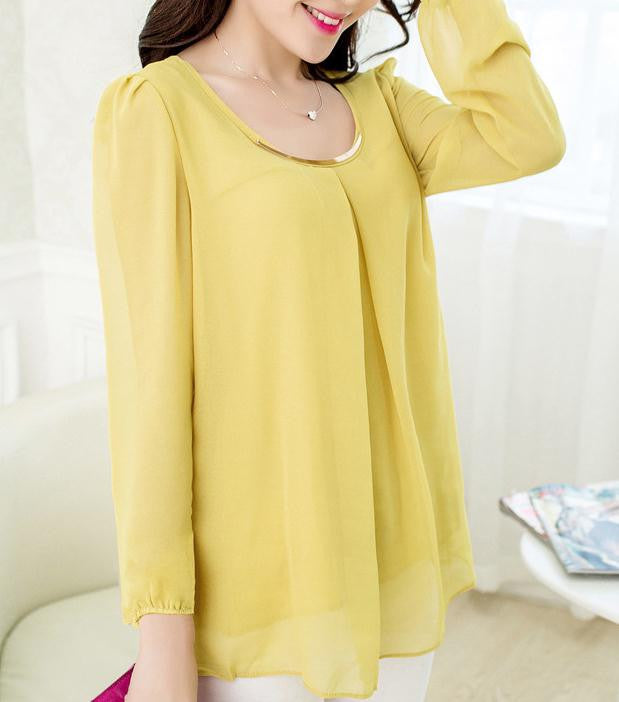 Fashion Women Blouses Elegant Long Sleeve O-neck Solid Color Chiffon Blouses Casual Shirts Women Tops