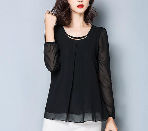 Fashion Women Blouses Elegant Long Sleeve O-neck Solid Color Chiffon Blouses Casual Shirts Women Tops