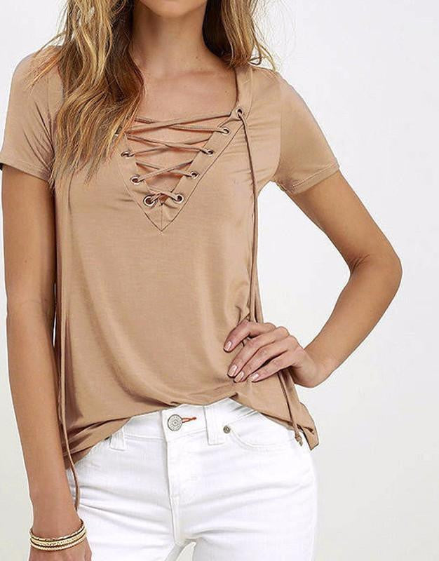Women Oversized V Neck Blouses Short Sleeve Casual Hollow Out Lace Up Shirts Plus Size Tee Tops