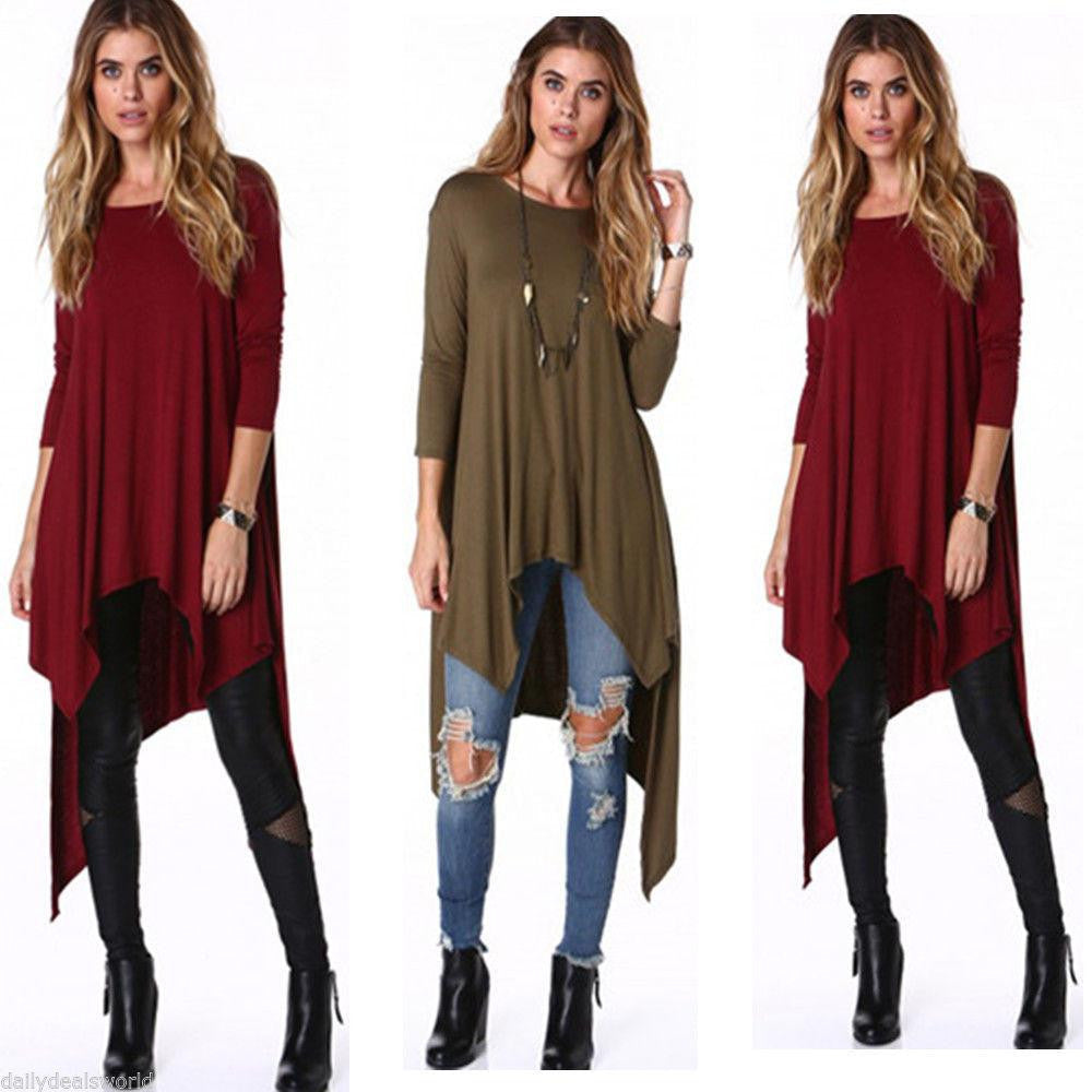 Tshirt women casual Women O-neck fashion Loose plus size Asymmetric long sleeve Tunic T-shirt Dress HOT