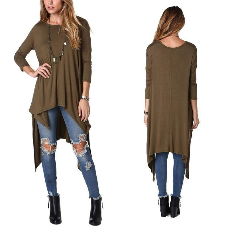 Tshirt women casual Women O-neck fashion Loose plus size Asymmetric long sleeve Tunic T-shirt Dress HOT