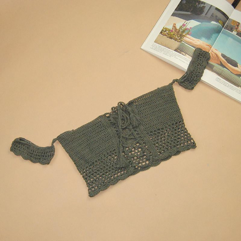 Knitted Crochet White Crop Tops Bikini Beachwear 90's Girls Casual Lace Up Off Shoulder Bikini Bra Tank Top Cropped