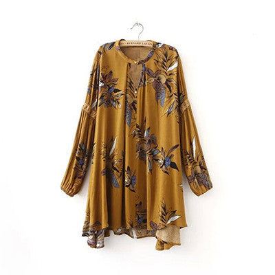 Online discount shop Australia - casual long-sleeved V-neck floral print yellow blue women mini dress