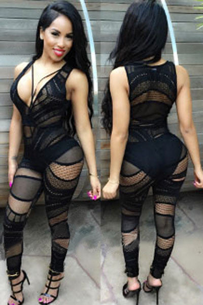 Online discount shop Australia - Fashion Sexy women Jumpsuit Black Lace Jumpsuits & Rompers Womens V-Neck Sheer Lace Club Catsuit