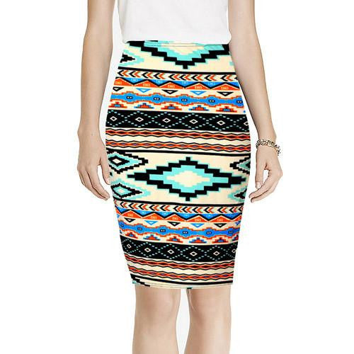 Vintage Fashion Printed Pencil Skirt Midi Women Knee-Length Elastic High Waist Ladies Pattern Skirts