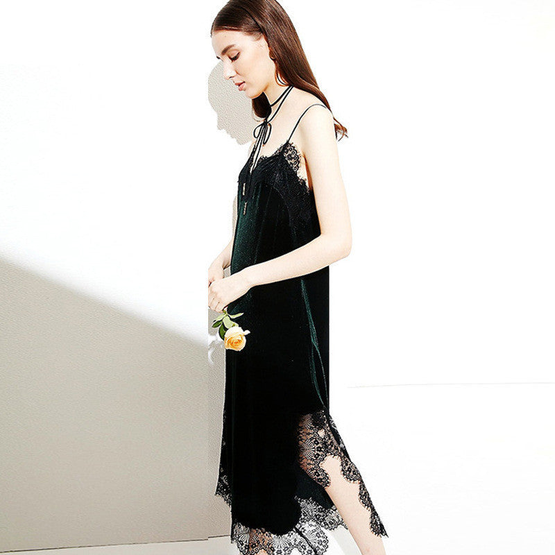 Online discount shop Australia - CHANGLA Sexy Strap Velvet Lace Dress Women Autumn Winter Dresses Elegant Black Evening Party Long Dresses Womans vestidos