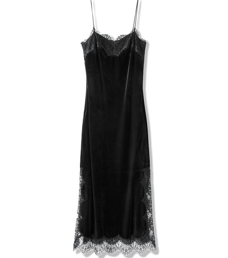 Online discount shop Australia - CHANGLA Sexy Strap Velvet Lace Dress Women Autumn Winter Dresses Elegant Black Evening Party Long Dresses Womans vestidos