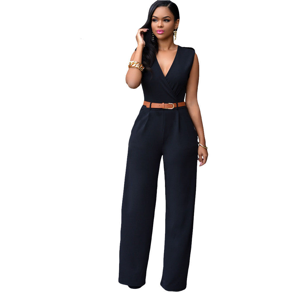 Online discount shop Australia - New 6 Colors Women Jumpsuit V Neck Belt Embellished Jumpsuit LC64003 Plus Size