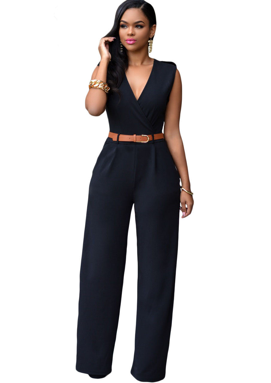 Online discount shop Australia - New 6 Colors Women Jumpsuit V Neck Belt Embellished Jumpsuit LC64003 Plus Size