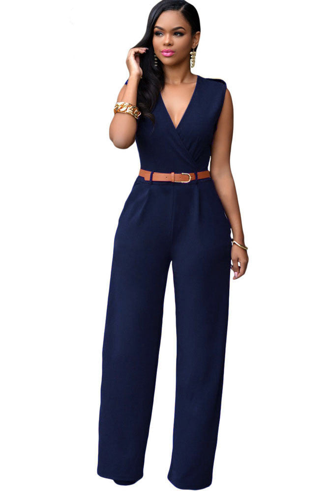 Online discount shop Australia - New 6 Colors Women Jumpsuit V Neck Belt Embellished Jumpsuit LC64003 Plus Size