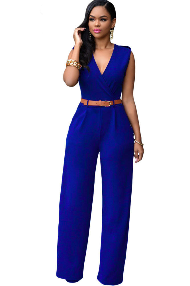Online discount shop Australia - New 6 Colors Women Jumpsuit V Neck Belt Embellished Jumpsuit LC64003 Plus Size