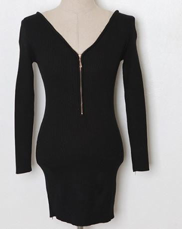 Women Dress Long Sleeve Casual Deep V-neck Zipper Party Dress