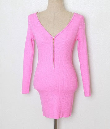 Women Dress Long Sleeve Casual Deep V-neck Zipper Party Dress