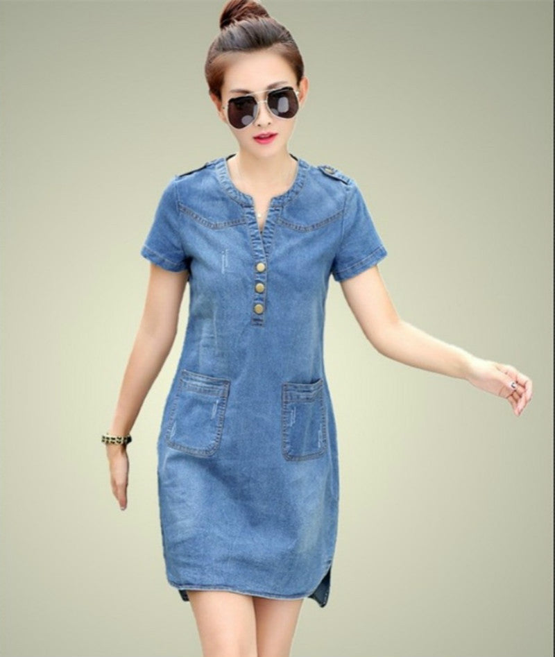 Online discount shop Australia - Denim Female Dresses with Short Sleeve Loose Casual V-neck Thin Long Dresses Women Plus Size Tops 176A 45
