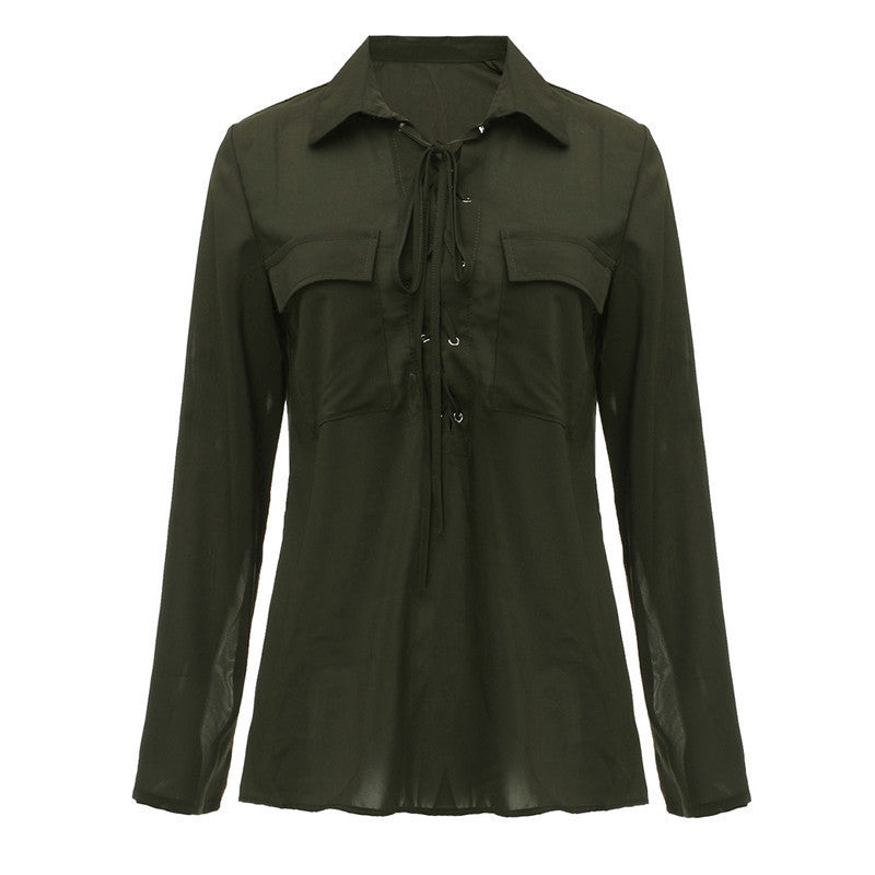 Online discount shop Australia - Lace Up Sexy Women Blouse Fashion Lapel Long Sleeve Solid Chiffon Shirts Female Casual Loose Top Plus Size