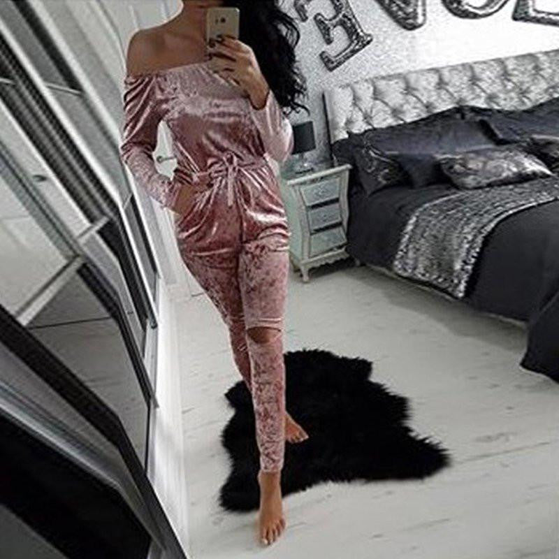 Women Solid Slim Velvet Off Shoulder Strapless Tops Long Hollow Out Pants Jumpsuit