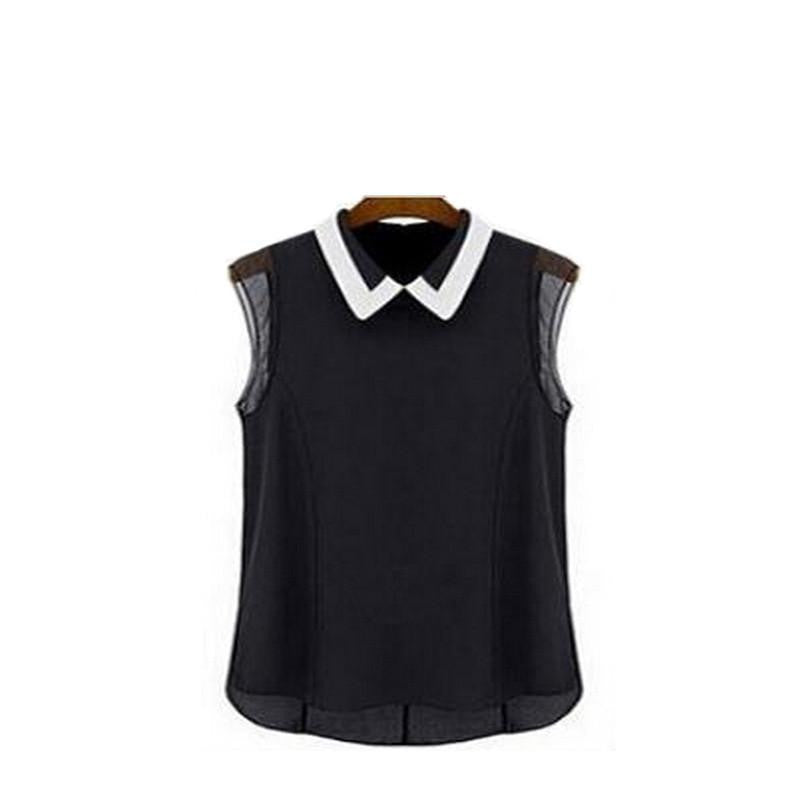 Women Short Sleeve Blouse Fashion Casual Sleeveless Patchwork Tulle Blouse Manga