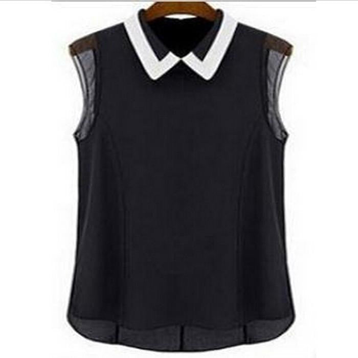 Women Short Sleeve Blouse Fashion Casual Sleeveless Patchwork Tulle Blouse Manga