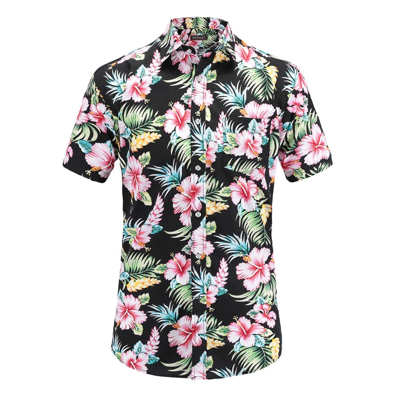 Mens Short Sleeve Hawaiian Shirts Cotton Casual Floral Shirts Wave Regular Mens Clothing Fashion