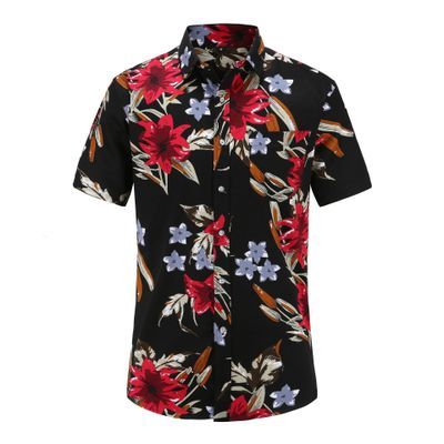 Mens Short Sleeve Hawaiian Shirts Cotton Casual Floral Shirts Wave Regular Mens Clothing Fashion