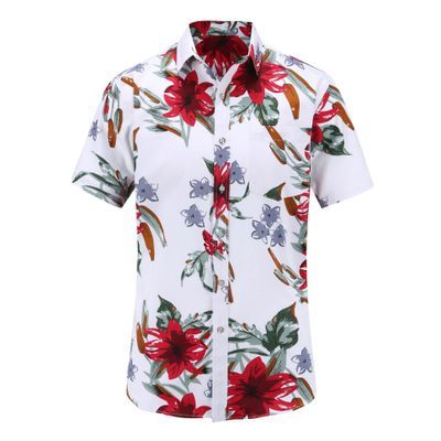Mens Short Sleeve Hawaiian Shirts Cotton Casual Floral Shirts Wave Regular Mens Clothing Fashion