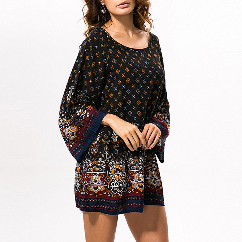 Retro Ethnic Autumn Dress Women Boho Loose Sundress Big Size Ladies Long Sleeve A-Line Beach Dresses