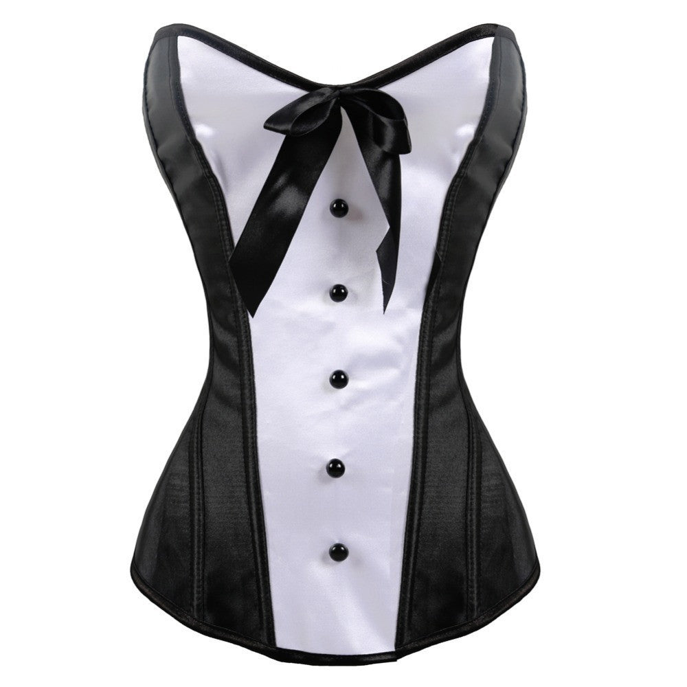Women's Black and White Lace Up Back Corset Top Plastic Bones Bustier