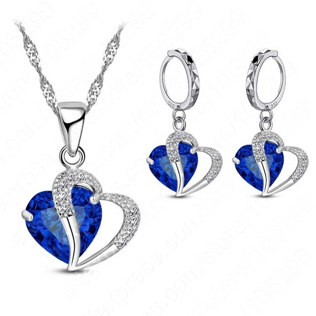 Women 925 Sterling Silver Cubic Zircon Necklace Pendant Earrings Sets Cartilage Piercing Jewelry Wedding Heart Design
