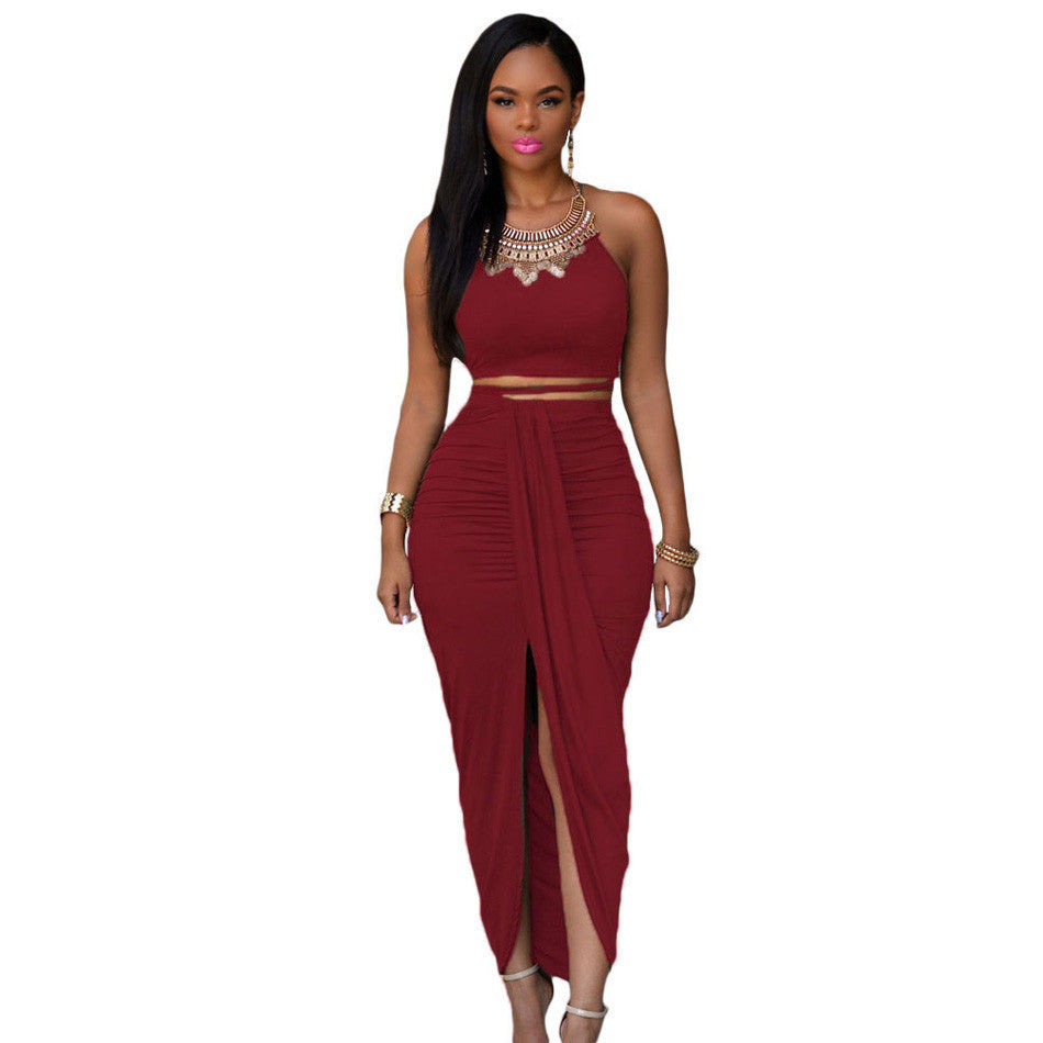 Online discount shop Australia - Front Split Women Two Piece Outfits Set Asymmetrical Summer Maxi Dress Long Suede Bodycon Dress Green 2 Piece Bandage Dress