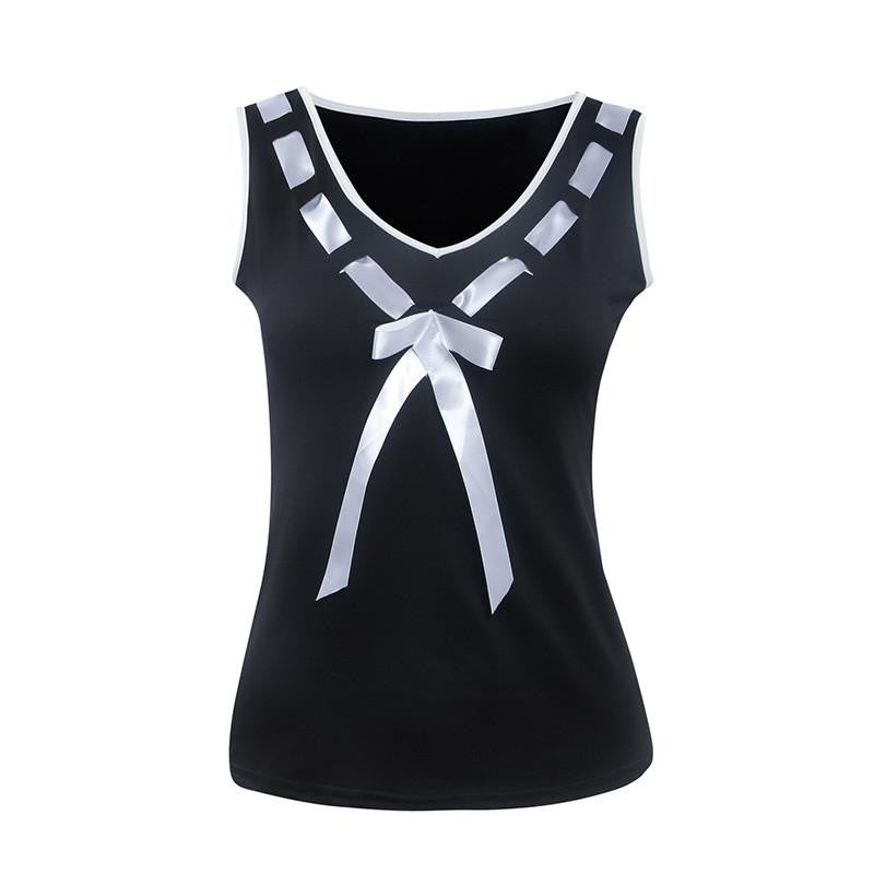 Women Tank Top V-Neck Bow Patchwork White Slim Tunic Shirt Plus Size Ladies Sleeveless Tops