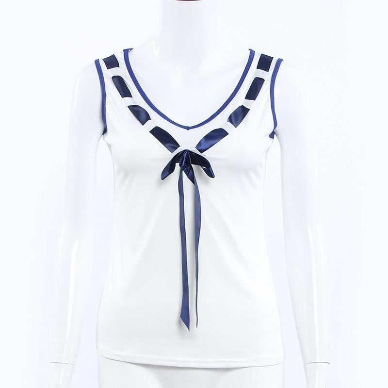 Women Tank Top V-Neck Bow Patchwork White Slim Tunic Shirt Plus Size Ladies Sleeveless Tops