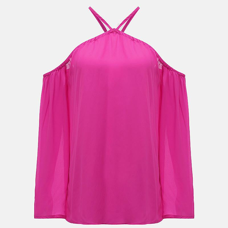 Women Off Shoulder Blouse Halter Long Sleeve Chiffon Top Plus Size Ladies Solid Causal Loose Chiffon Shirts