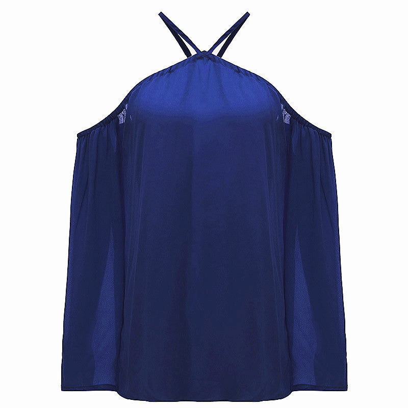 Women Off Shoulder Blouse Halter Long Sleeve Chiffon Top Plus Size Ladies Solid Causal Loose Chiffon Shirts