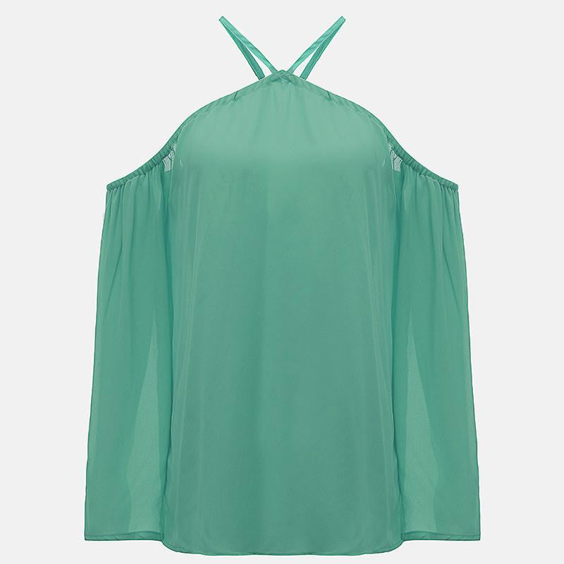 Women Off Shoulder Blouse Halter Long Sleeve Chiffon Top Plus Size Ladies Solid Causal Loose Chiffon Shirts