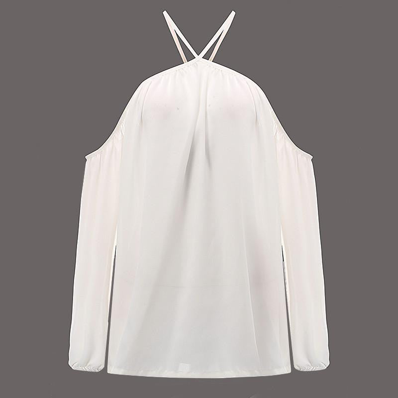 Women Off Shoulder Blouse Halter Long Sleeve Chiffon Top Plus Size Ladies Solid Causal Loose Chiffon Shirts