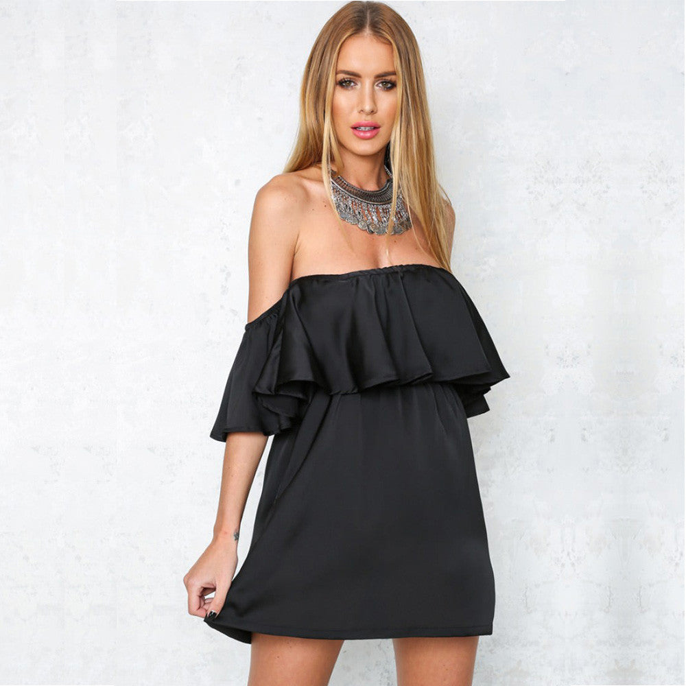 Off the Shoulder Slash Neck Ruffled Satin Party Dresses Ukraine Summer Women Club Mini Silky Slim Shape Princess Dress