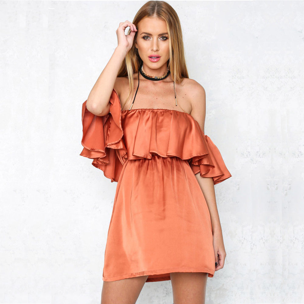 Off the Shoulder Slash Neck Ruffled Satin Party Dresses Ukraine Summer Women Club Mini Silky Slim Shape Princess Dress