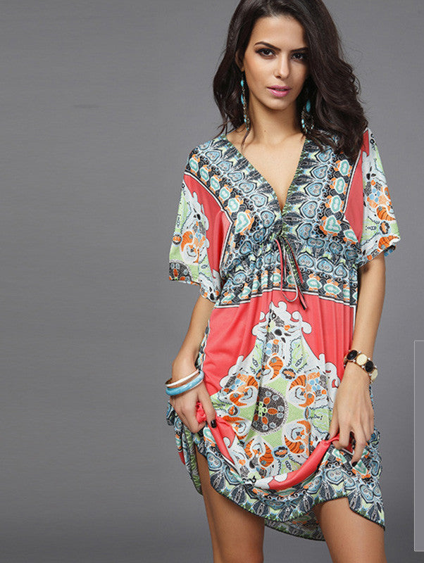 Online discount shop Australia - Boho Autumn Women Dress Sexy Loose Sundresses Deep V Ethnic Dashiki Print Tunic Beach Dresses Big Size 2XL Woman SunDress Robe
