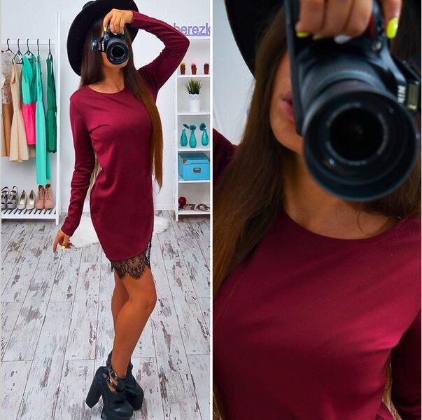 Online discount shop Australia - Autumn Lace Patchwork Women Dress Fashion O-neck Long Sleeve Black Red Elegant Dresses Casual Bodycon vestidos Plus size