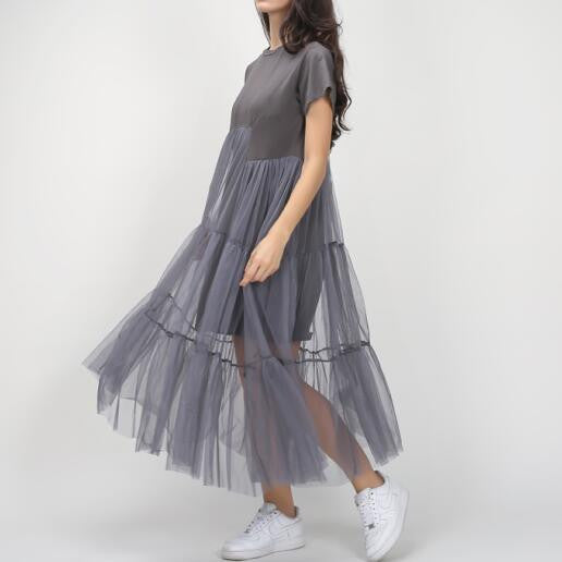 Summer Korean Plus Size Splicing Pleated Mesh T shirt Dress Women Black Gray Color Clothing Fashion