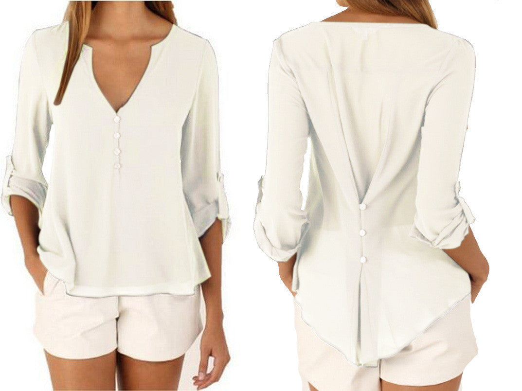 Online discount shop Australia - Fashion Style V-neck Long-sleeved Loose Plus Size Chiffon Shirt Solid Women Tops Chiffon Blouse For Women