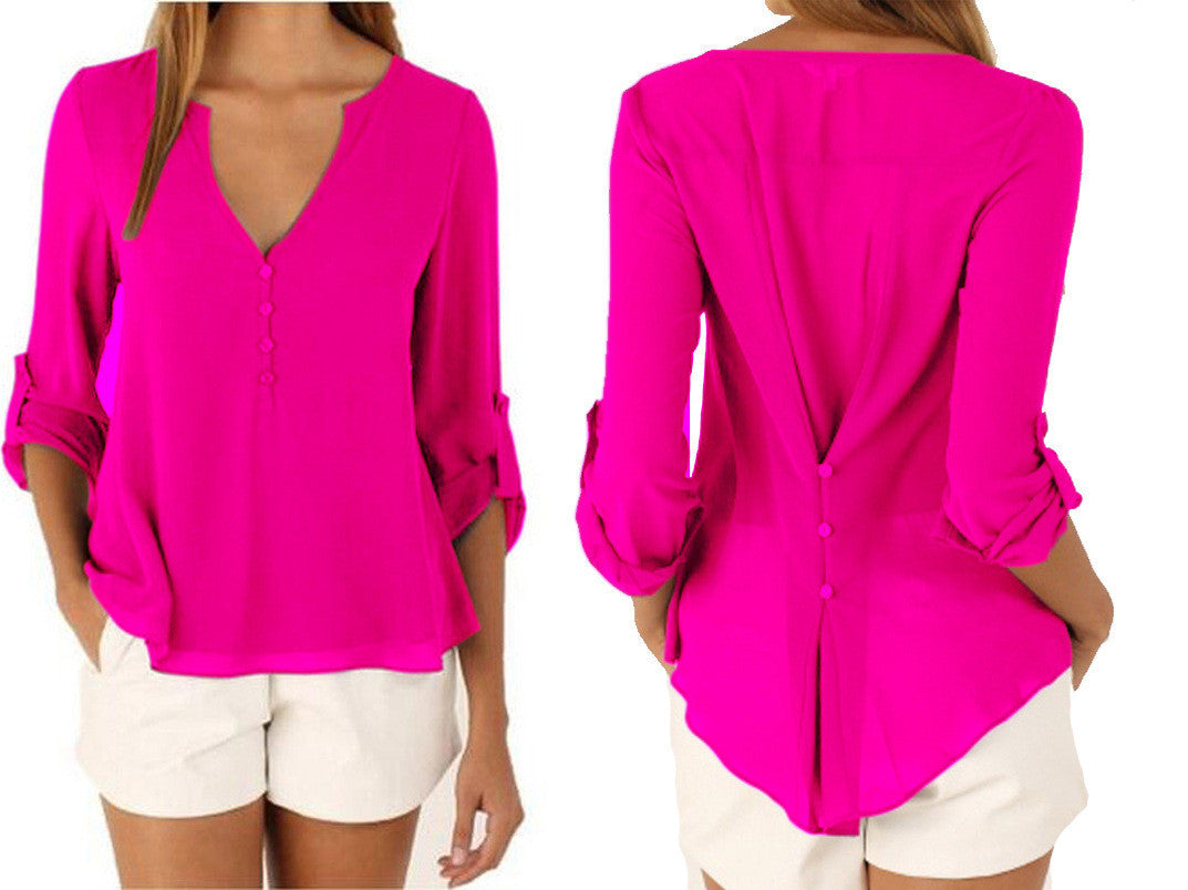 Online discount shop Australia - Fashion Style V-neck Long-sleeved Loose Plus Size Chiffon Shirt Solid Women Tops Chiffon Blouse For Women