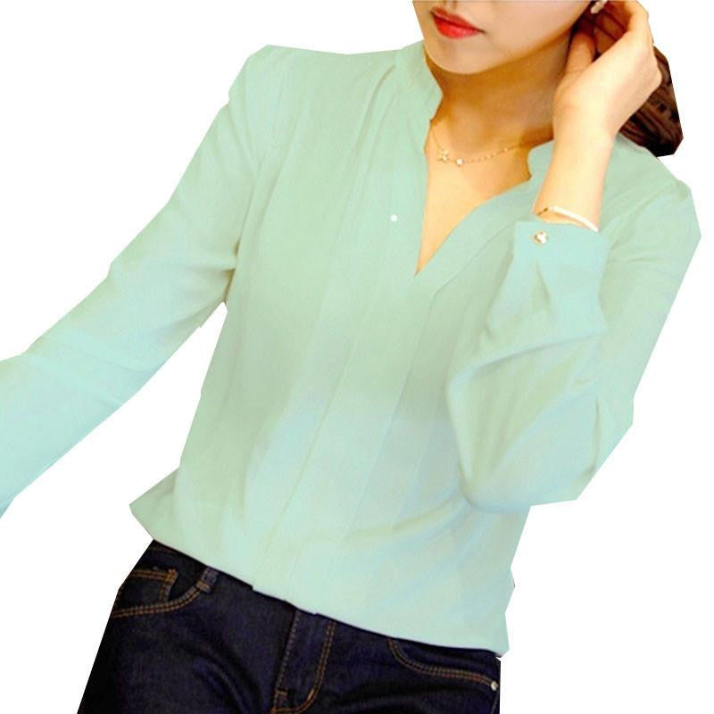 Women's Long-sleeved Green Solid Chiffon Shirt Elegant White Blouse V-neck Plus Size Women Blouses Office