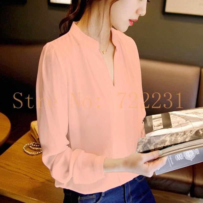 Women's Long-sleeved Green Solid Chiffon Shirt Elegant White Blouse V-neck Plus Size Women Blouses Office
